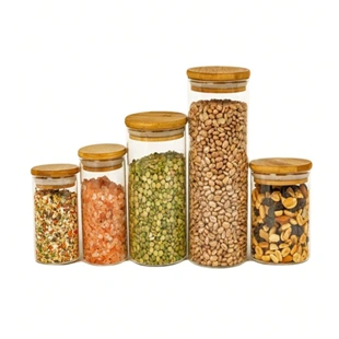 Kit de Potes de Vidro com Tampa de Bambu