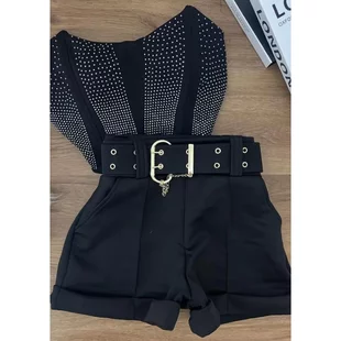 Conjunto Cropped Corset e Short com Strass e Zíper