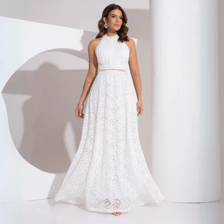 Vestido de Noiva Casamento Civil Gola Alta Rodado