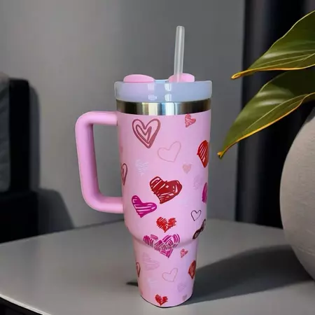 Imagem 3 do produto Copo Térmico com Alça e Canudo Estampa de Corações