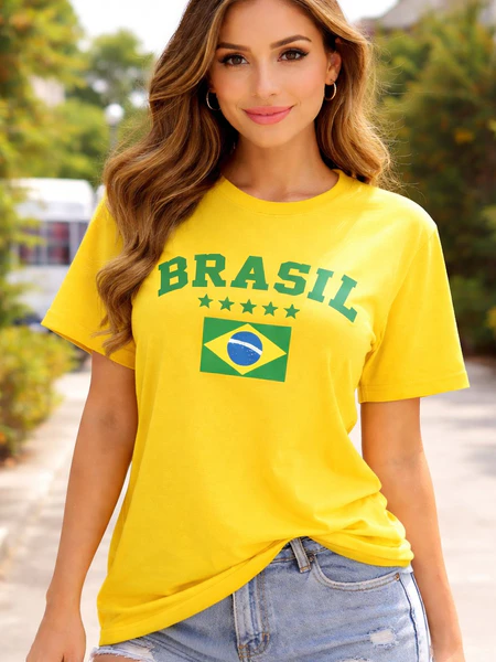 Camiseta Feminina Brasil Estampa Bandeira Algodão