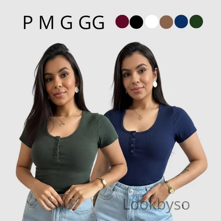 Blusa Feminina Canelada Manga Curta com Botões