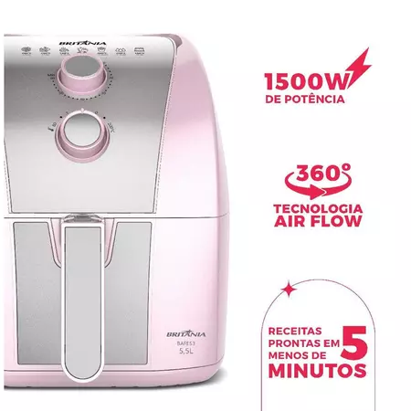 Imagem 2 do produto Air Fryer Rosa Britânia 5,5L Cesto Pinkstone 1500W