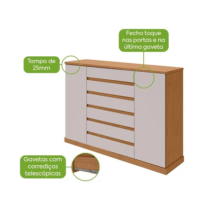Imagem 4 do produto Cômoda Vedra 7 Gavetas e 2 Portas Amêndoa Clean