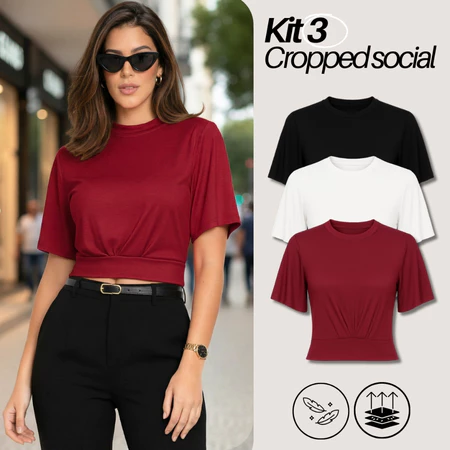 Kit 3 Croppeds Femininos Manga Bufante Premium