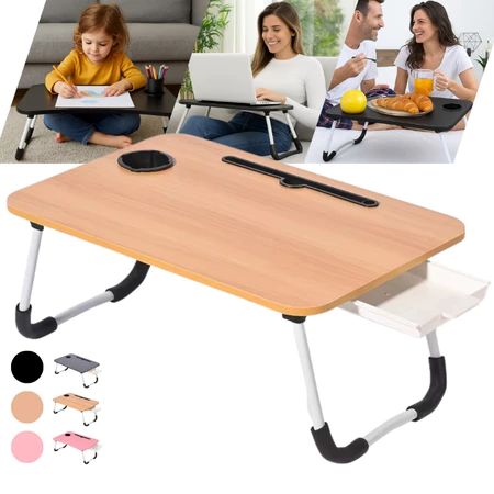 Mesa Dobrável para Notebook com Gaveta e Porta Copo