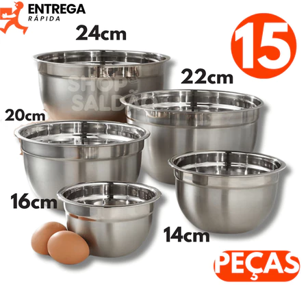 Imagem 1 do produto Kit 15 Bowls de Inox 5 Tamanhos Diferentes