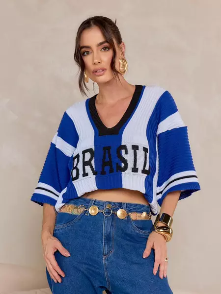Imagem 1 do produto Blusa Tricot Feminina Brasil Manga Ampla Decote V