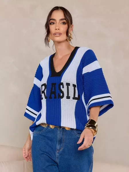 Imagem 2 do produto Blusa Tricot Feminina Brasil Manga Ampla Decote V