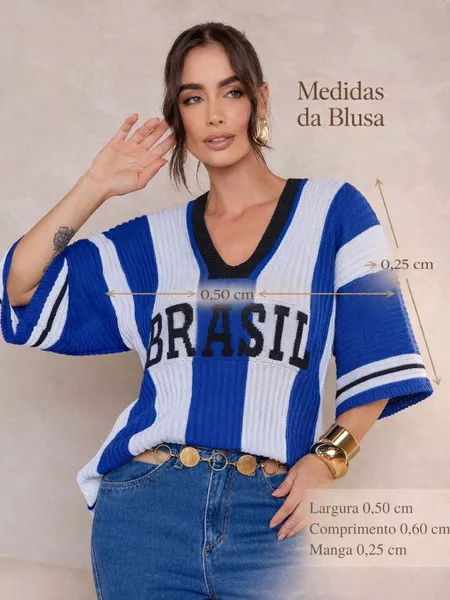 Imagem 4 do produto Blusa Tricot Feminina Brasil Manga Ampla Decote V