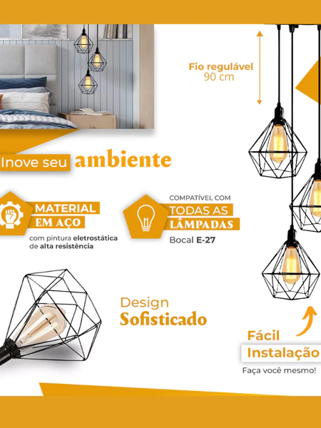 Lustre Pendente Aramado Diamante Preto Retro Vintage