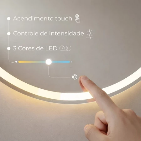 Espelho Redondo LED 50x50 Touch 3 Cores Decorativo