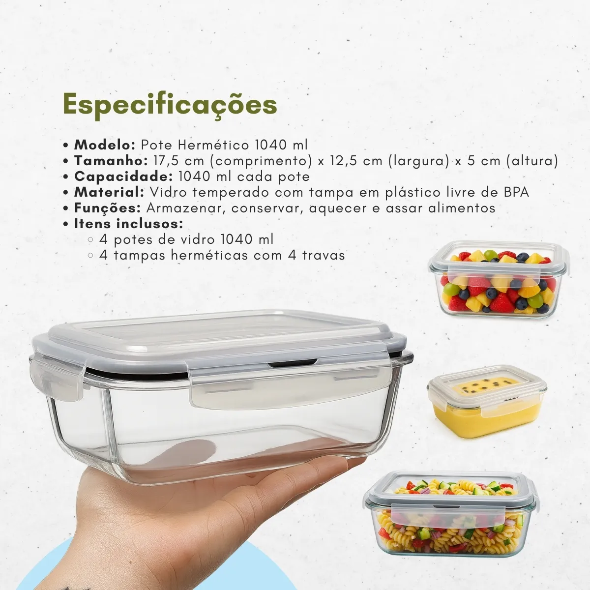 Imagem 2 do produto Kit 4 Potes Vidro Hermético Marmita
